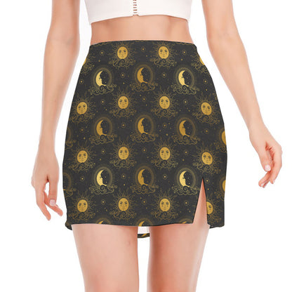 Vintage Celestial Pattern Print Side Slit Mini Skirt