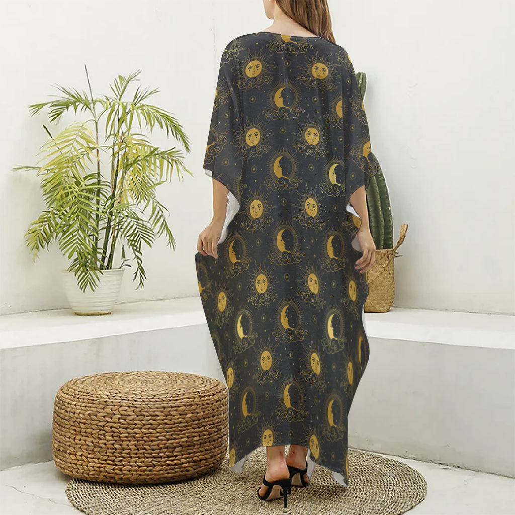 Vintage Celestial Pattern Print Silk V-Neck Kaftan Dress