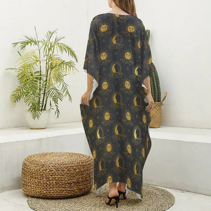 Vintage Celestial Pattern Print Silk V-Neck Kaftan Dress
