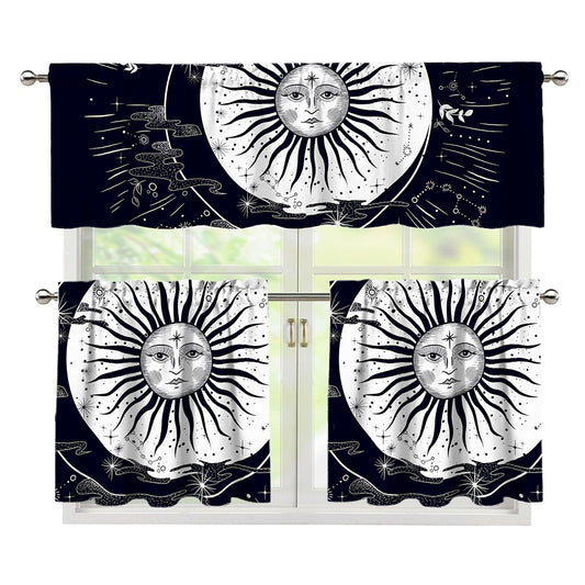 Vintage Celestial Sun Print 3 Piece Kitchen Curtains
