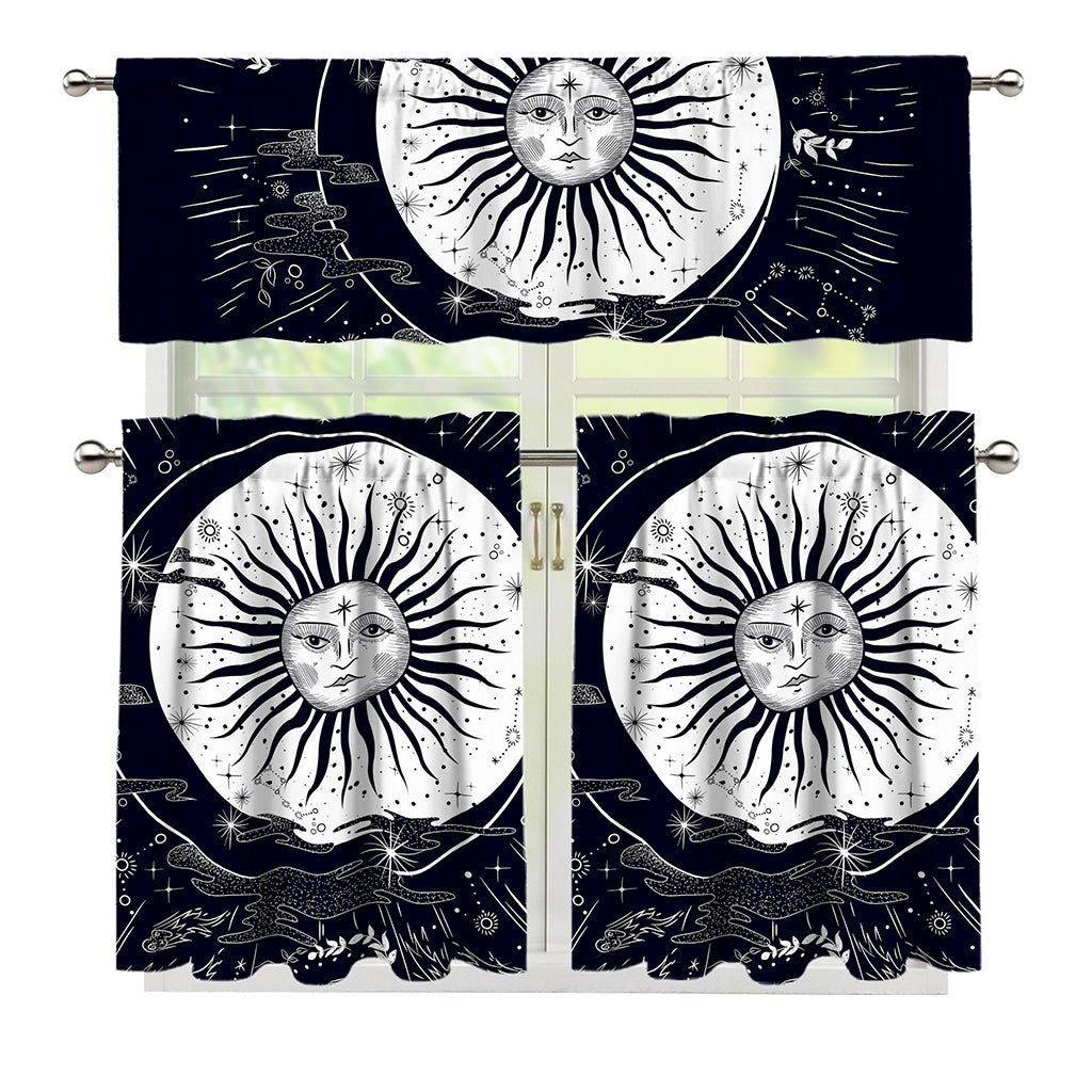Vintage Celestial Sun Print 3 Piece Kitchen Curtains