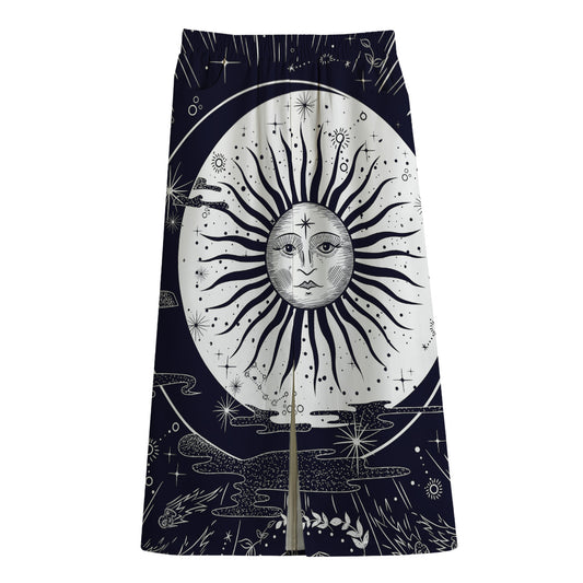 Vintage Celestial Sun Print Cotton Front Slit Maxi Skirt