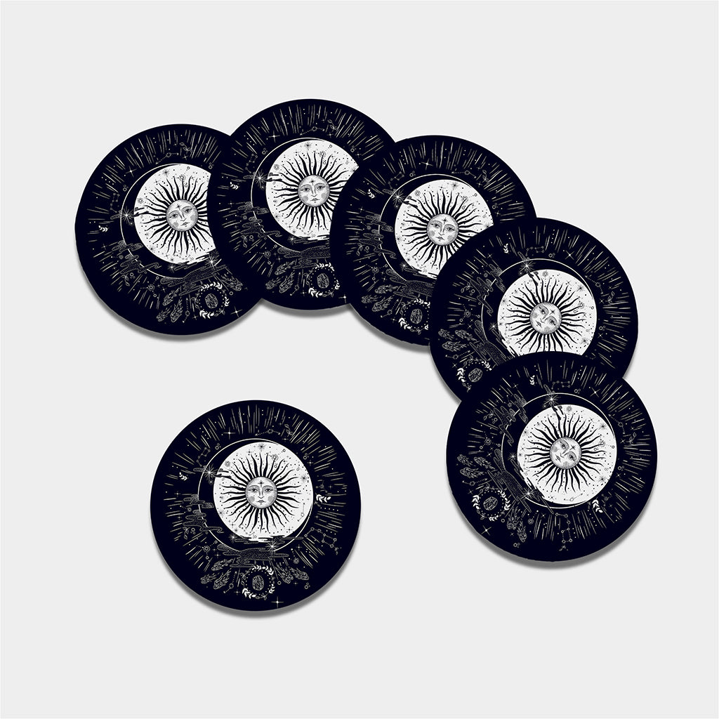 Vintage Celestial Sun Print Leather Coaster Set