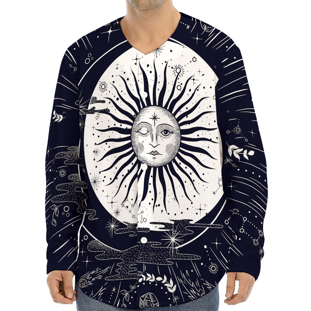 Vintage Celestial Sun Print Long Sleeve Baseball Jersey