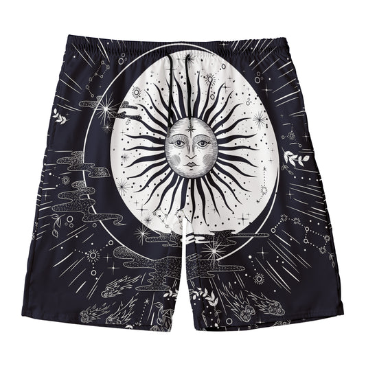 Vintage Celestial Sun Print Men's Swim Trunks