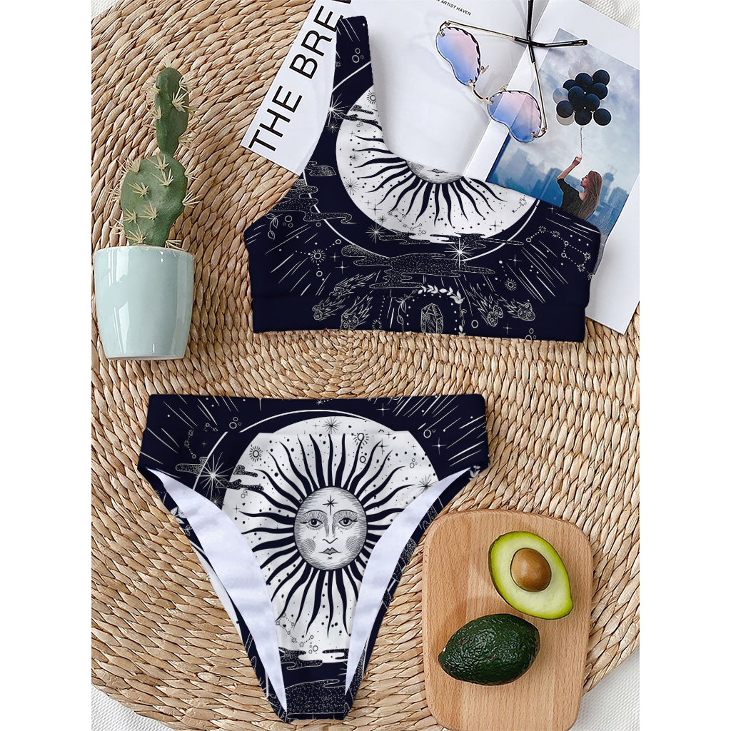 Vintage Celestial Sun Print One Shoulder Bikini Top