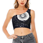 Vintage Celestial Sun Print One Shoulder Crop Top