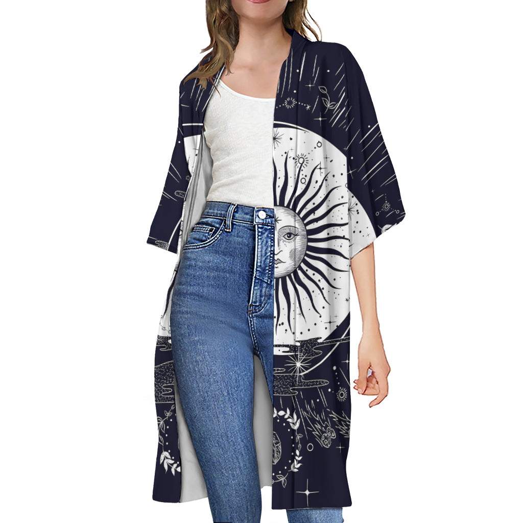 Vintage Celestial Sun Print Open Front Beach Cover Up