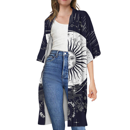 Vintage Celestial Sun Print Open Front Beach Cover Up