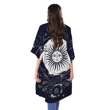 Vintage Celestial Sun Print Open Front Beach Cover Up