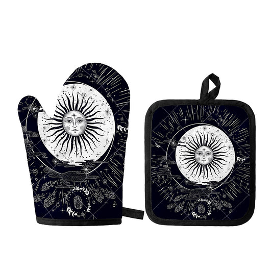 Vintage Celestial Sun Print Oven Mitt And Pot Holder Set