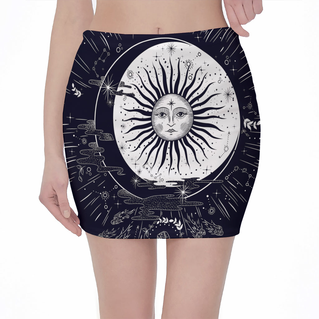 Vintage Celestial Sun Print Pencil Mini Skirt