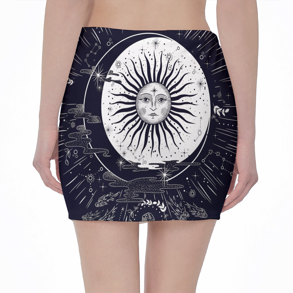 Vintage Celestial Sun Print Pencil Mini Skirt