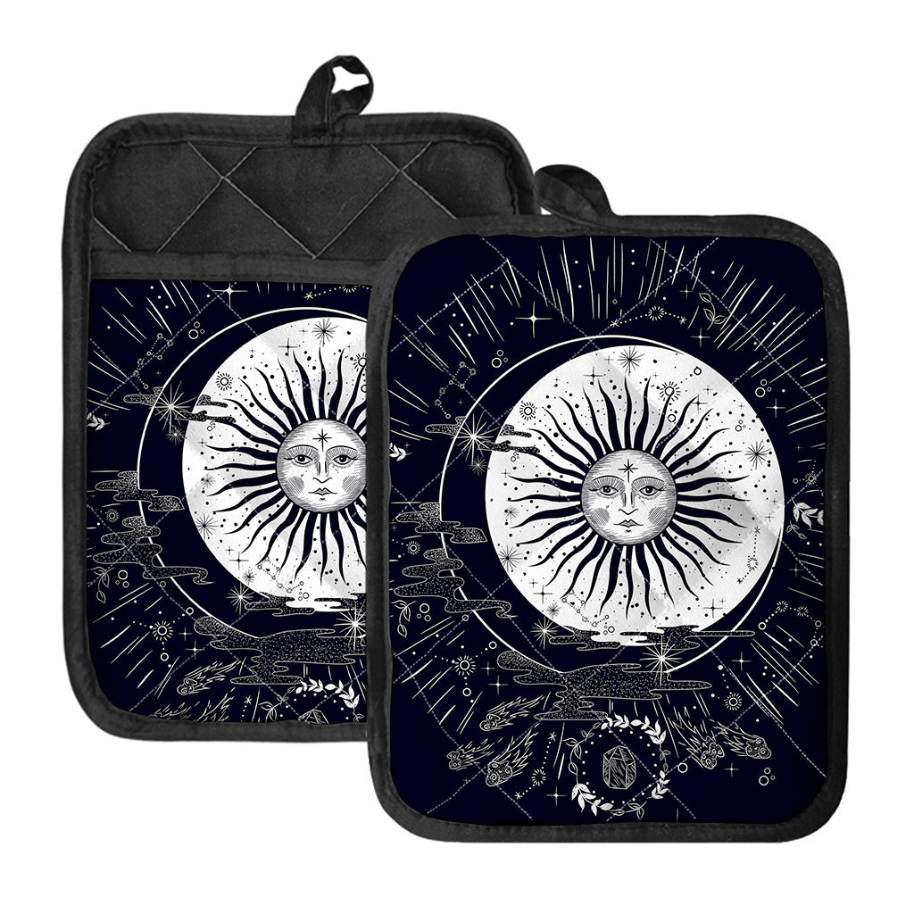 Vintage Celestial Sun Print Pot Holders With Pocket
