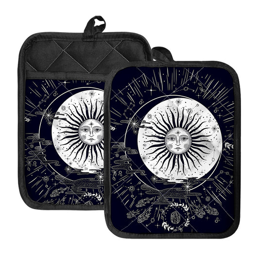 Vintage Celestial Sun Print Pot Holders With Pocket