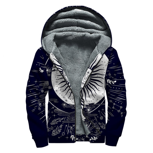 Vintage Celestial Sun Print Sherpa Lined Zip Up Hoodie