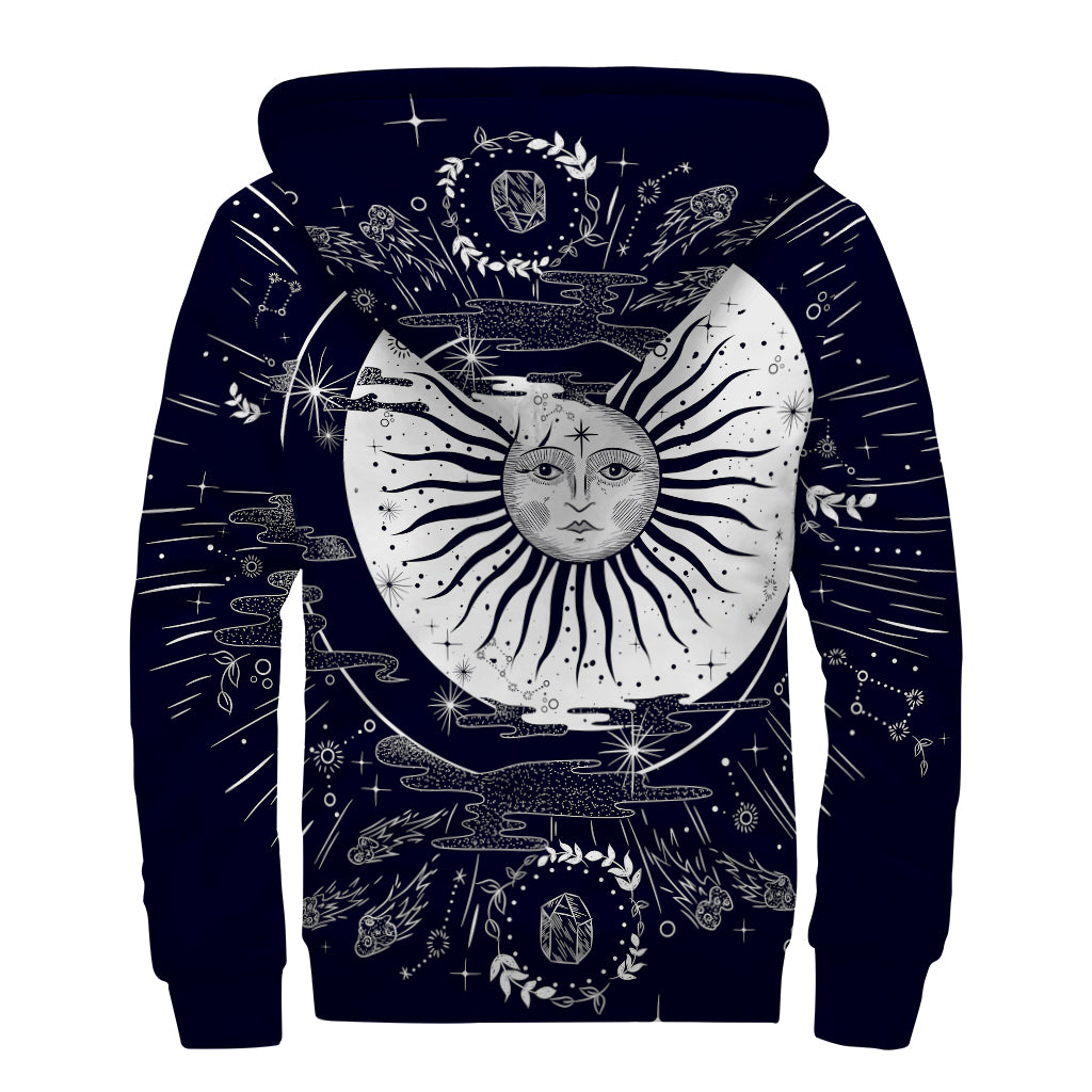 Vintage Celestial Sun Print Sherpa Lined Zip Up Hoodie