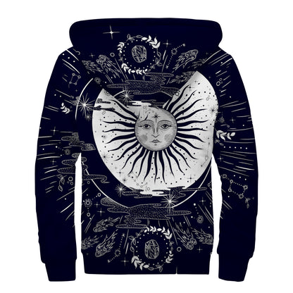Vintage Celestial Sun Print Sherpa Lined Zip Up Hoodie