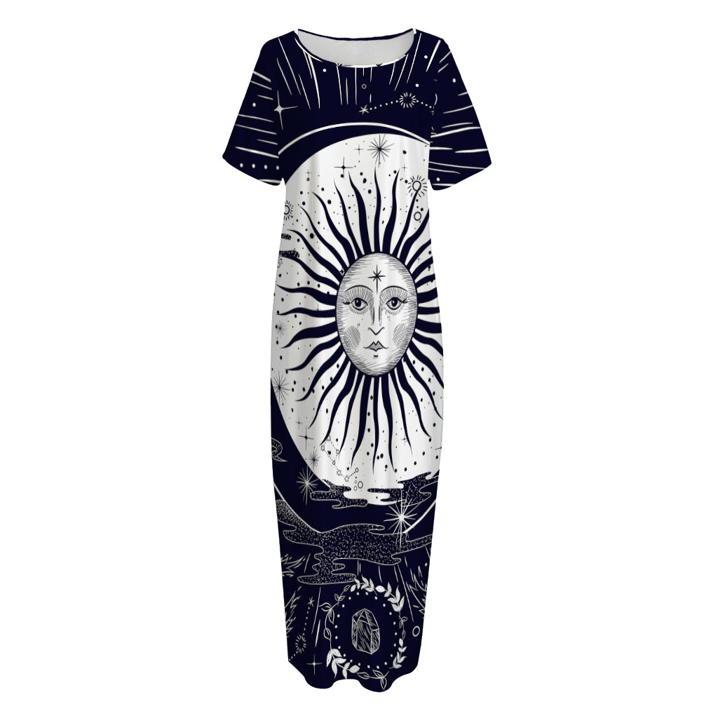 Vintage Celestial Sun Print Short Sleeve Long Nightdress