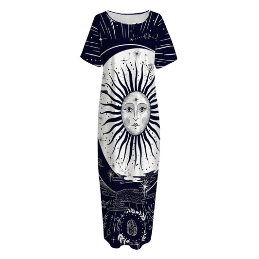 Vintage Celestial Sun Print Short Sleeve Long Nightdress