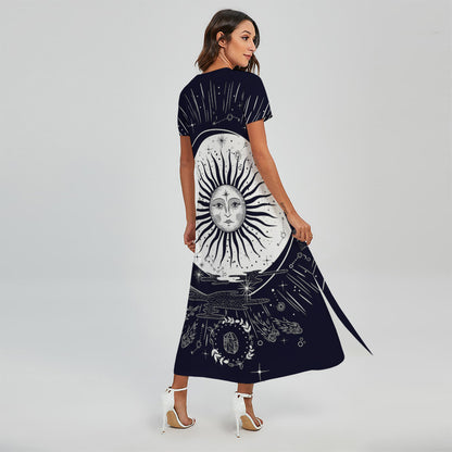 Vintage Celestial Sun Print Short Sleeve Maxi Dress