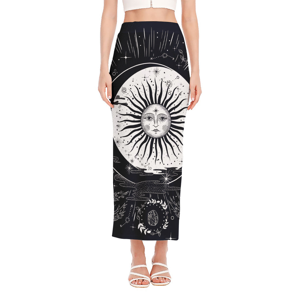 Vintage Celestial Sun Print Side Slit Maxi Skirt