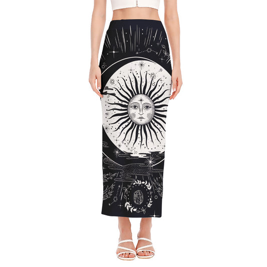 Vintage Celestial Sun Print Side Slit Maxi Skirt