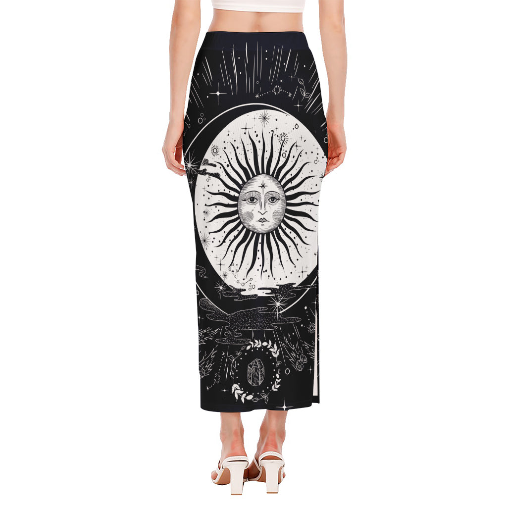 Vintage Celestial Sun Print Side Slit Maxi Skirt