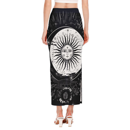 Vintage Celestial Sun Print Side Slit Maxi Skirt
