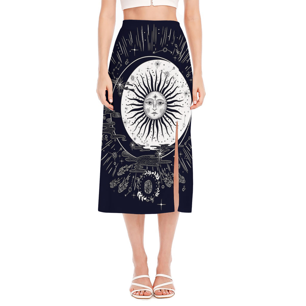 Vintage Celestial Sun Print Side Slit Midi Skirt