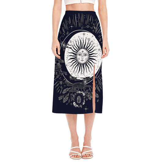 Vintage Celestial Sun Print Side Slit Midi Skirt