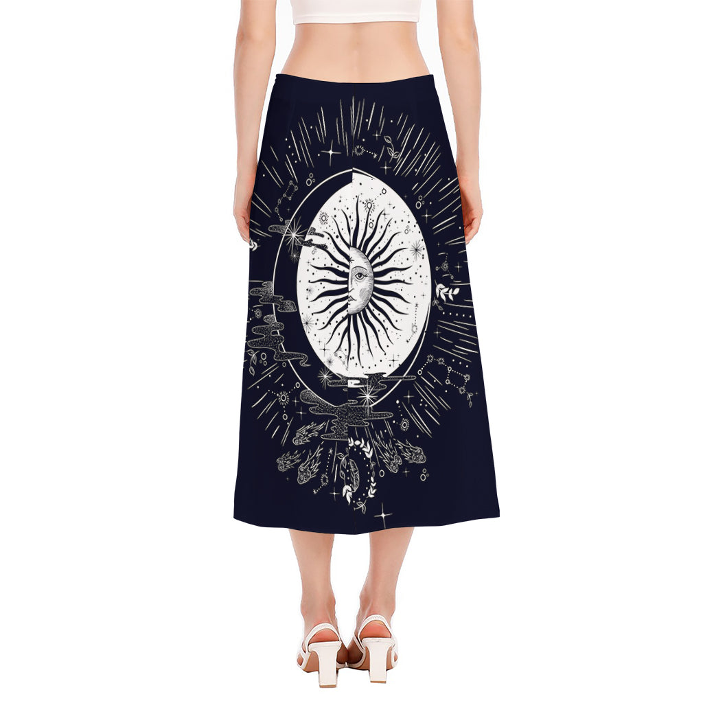Vintage Celestial Sun Print Side Slit Midi Skirt