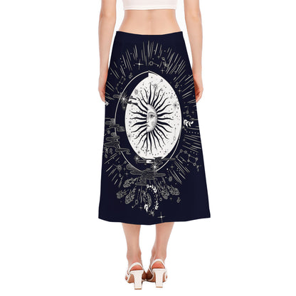 Vintage Celestial Sun Print Side Slit Midi Skirt