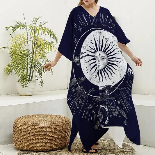 Vintage Celestial Sun Print Silk V-Neck Kaftan Dress