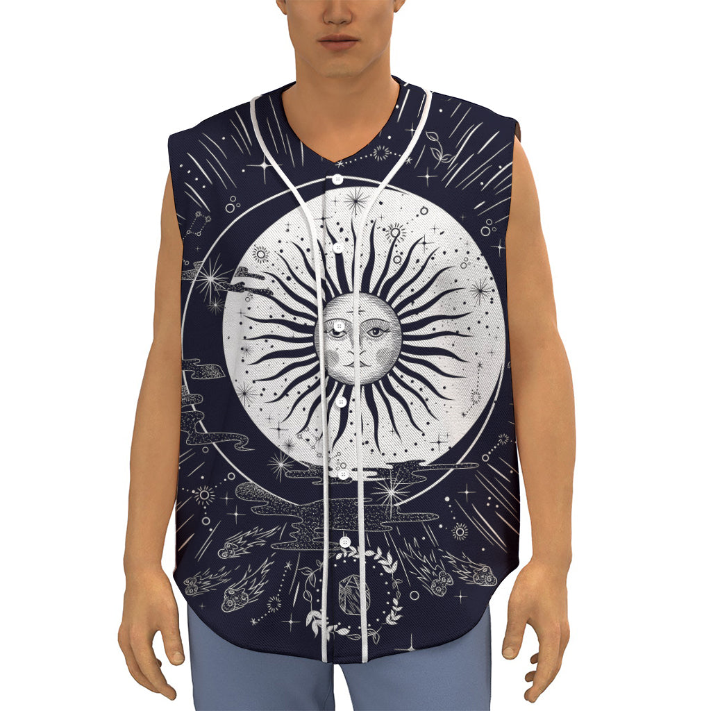 Vintage Celestial Sun Print Sleeveless Baseball Jersey