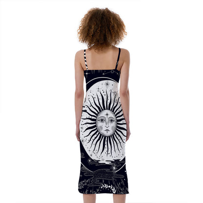 Vintage Celestial Sun Print Slim Fit Midi Cami Dress
