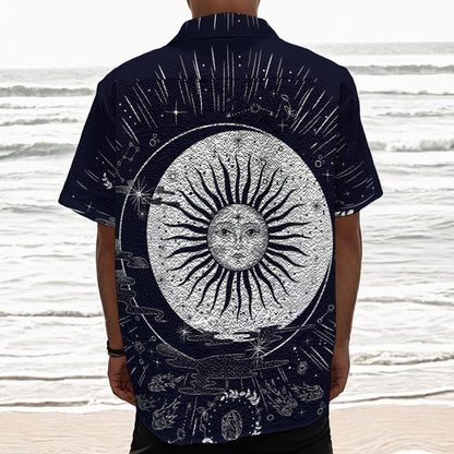 Vintage Celestial Sun Print Textured Short Sleeve Shirt