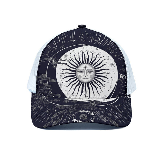 Vintage Celestial Sun Print White Mesh Trucker Cap