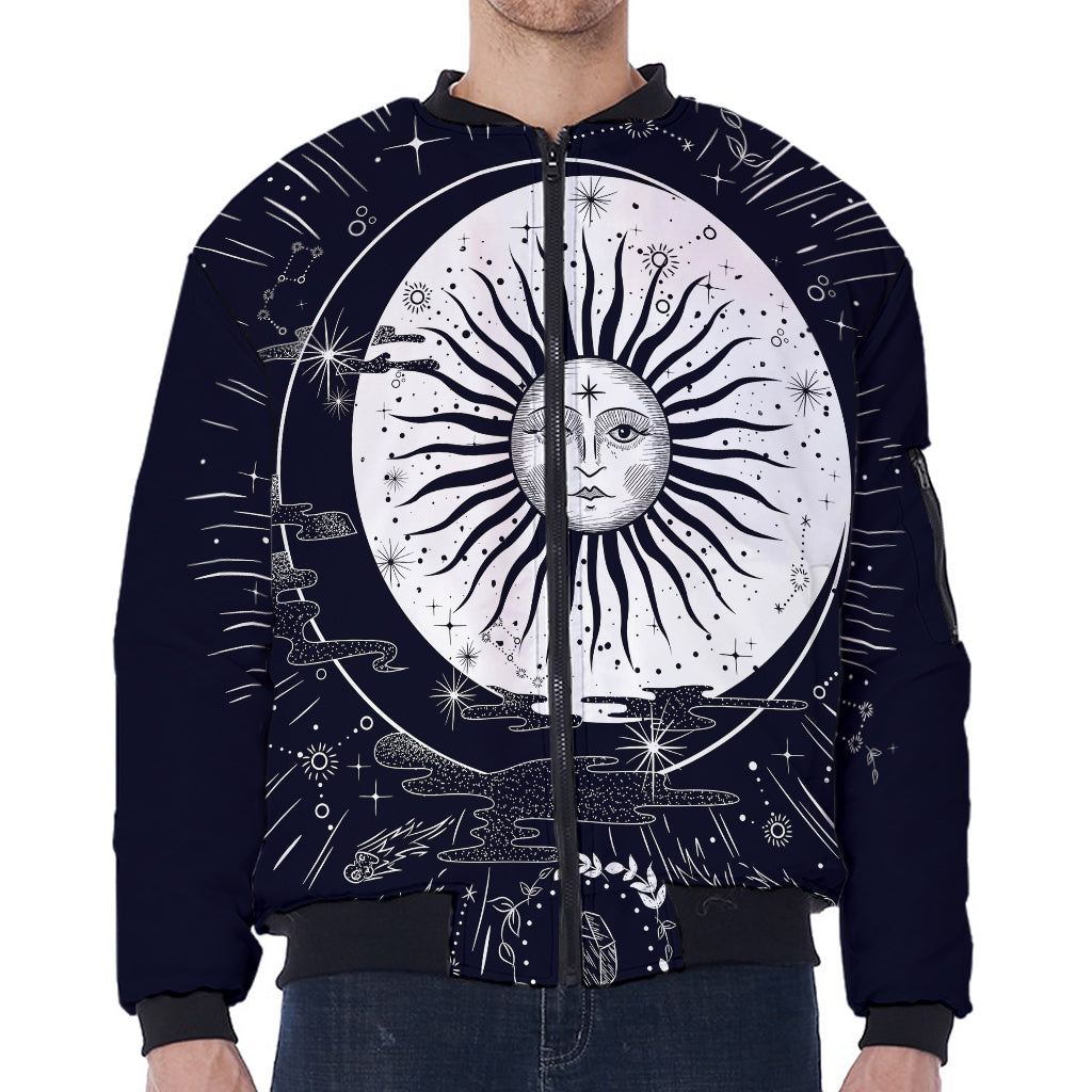 Vintage Celestial Sun Print Zip Sleeve Bomber Jacket