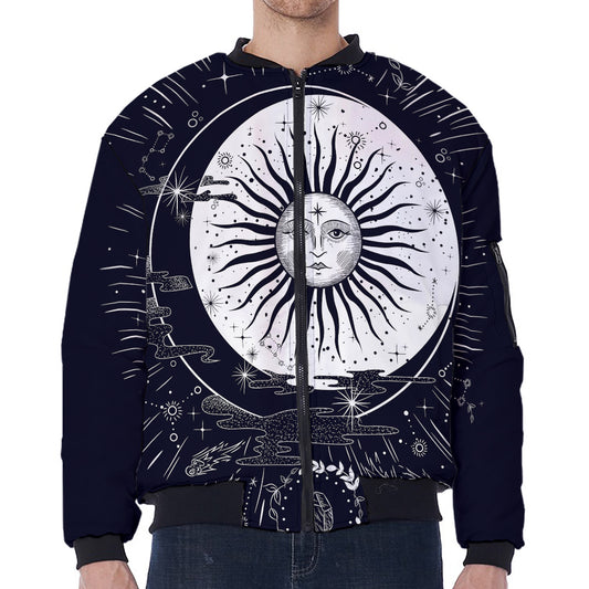 Vintage Celestial Sun Print Zip Sleeve Bomber Jacket