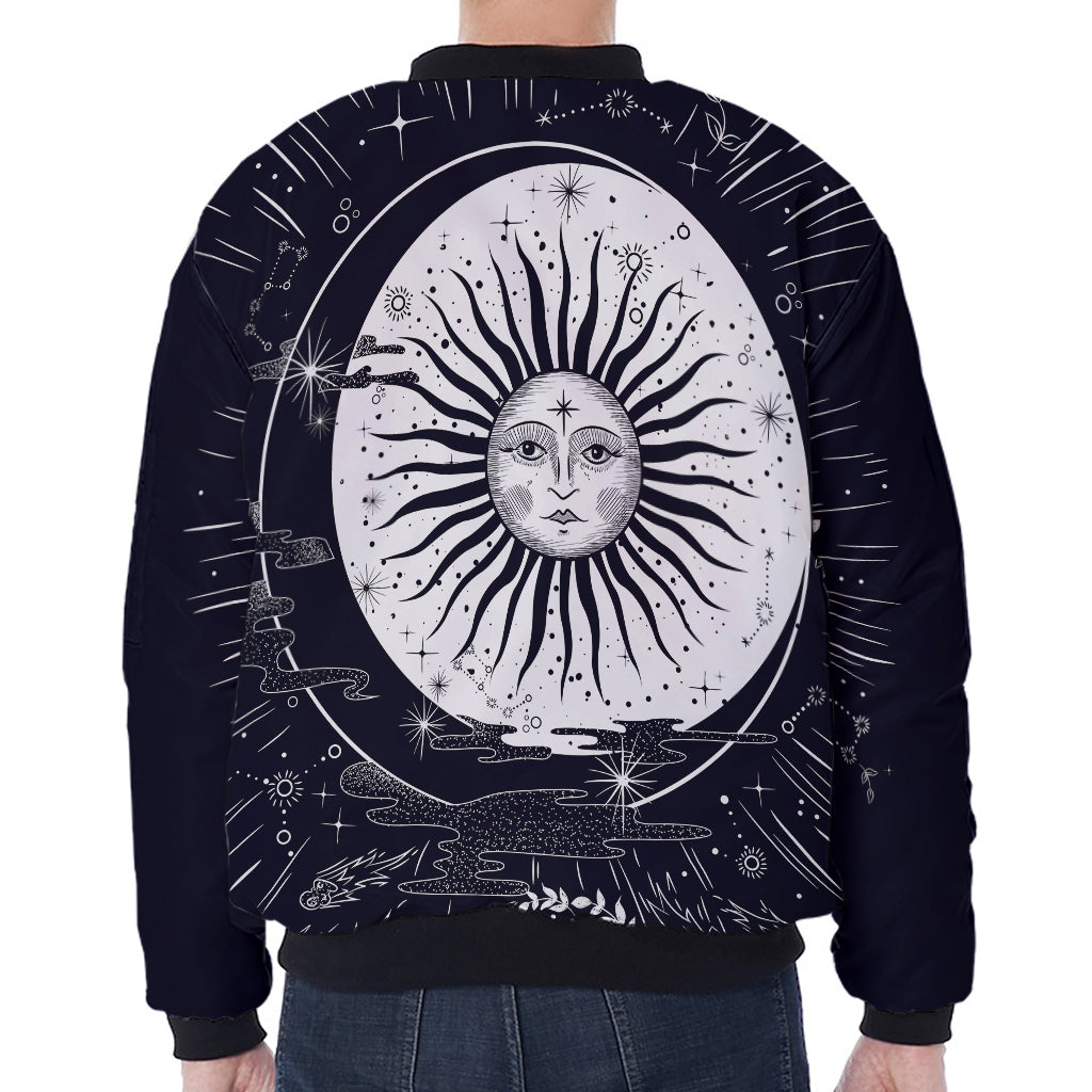 Vintage Celestial Sun Print Zip Sleeve Bomber Jacket