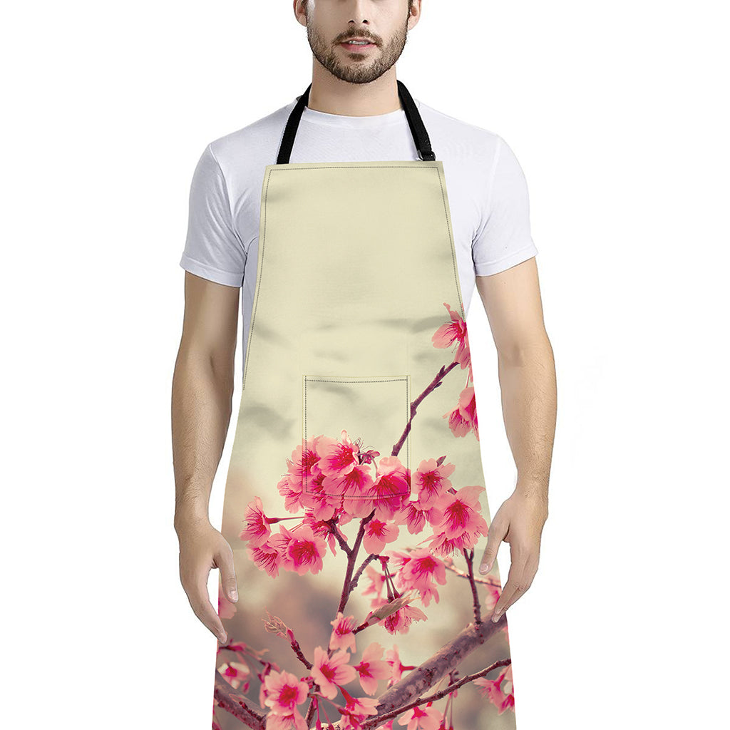 Vintage Cherry Blossom Print Bib Apron With Pocket