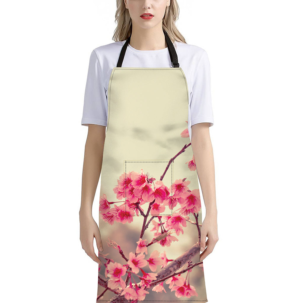 Vintage Cherry Blossom Print Bib Apron With Pocket