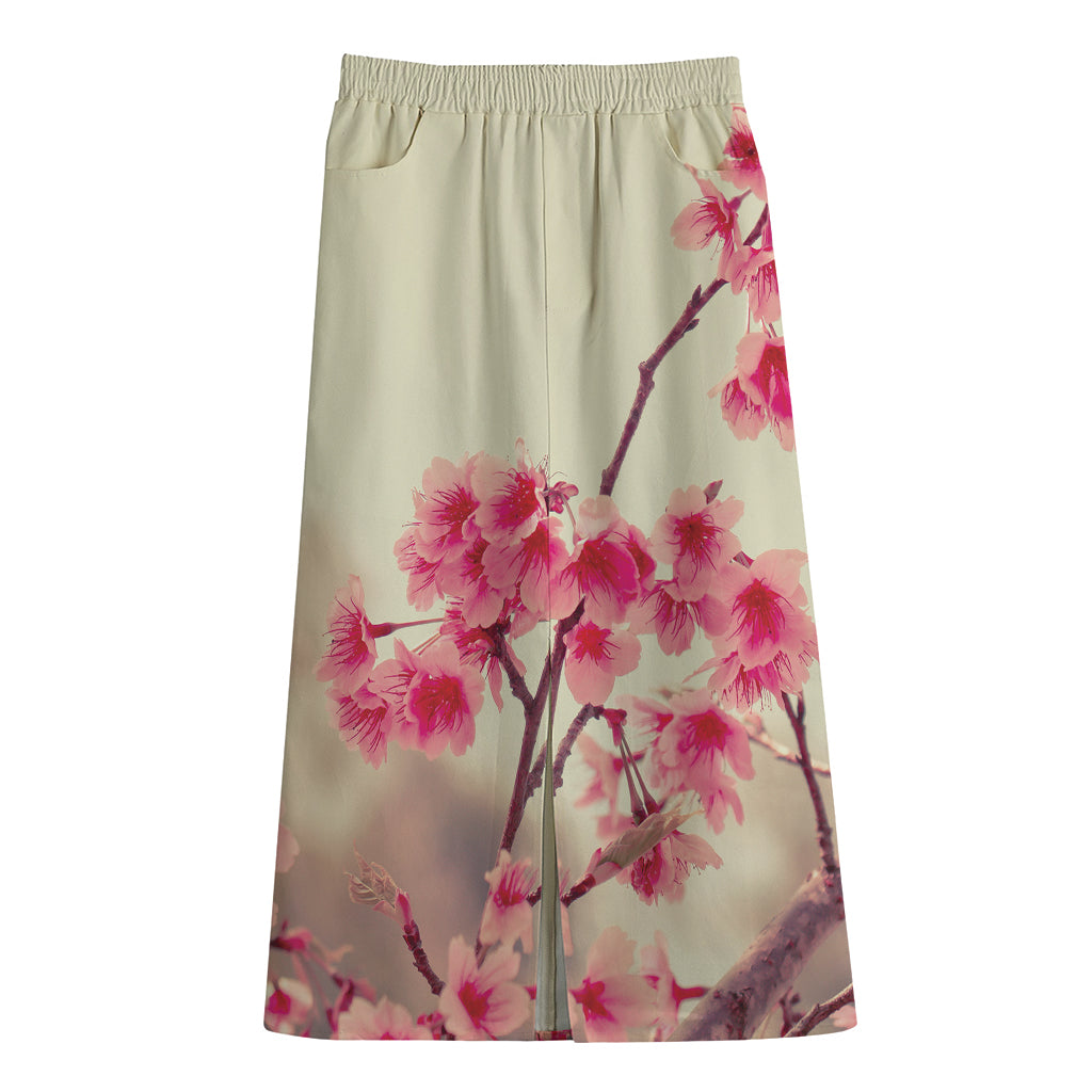 Vintage Cherry Blossom Print Cotton Front Slit Maxi Skirt