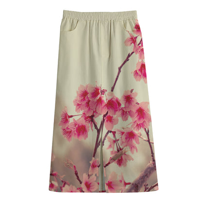 Vintage Cherry Blossom Print Cotton Front Slit Maxi Skirt