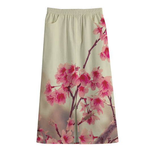 Vintage Cherry Blossom Print Cotton Front Slit Maxi Skirt
