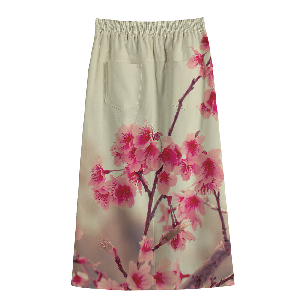 Vintage Cherry Blossom Print Cotton Front Slit Maxi Skirt