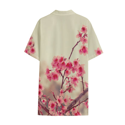 Vintage Cherry Blossom Print Cotton Hawaiian Shirt