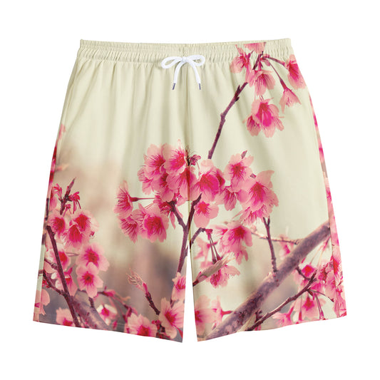 Vintage Cherry Blossom Print Cotton Shorts
