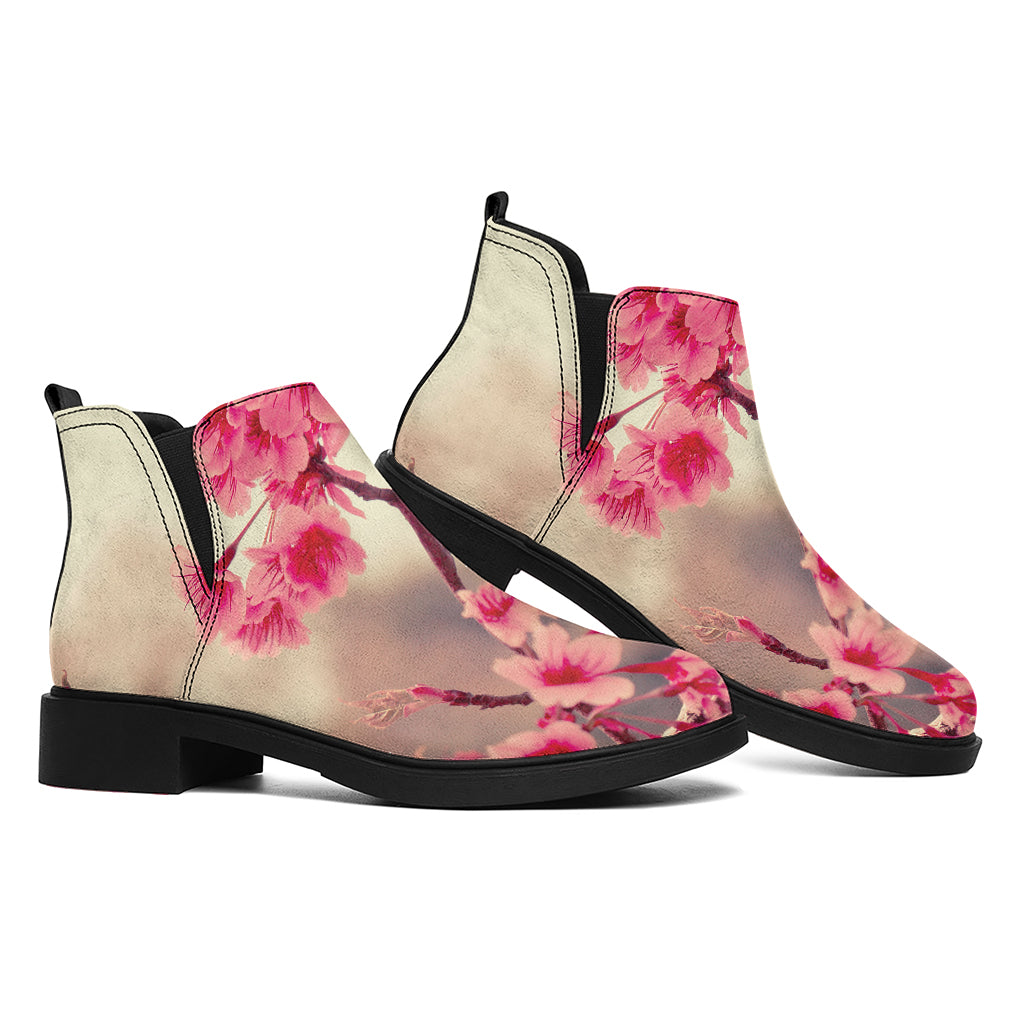 Vintage Cherry Blossom Print Flat Ankle Boots